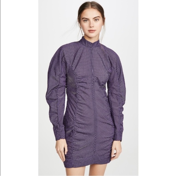 Ganni Ruched Gingham Seersucker Check Dress Purple Black Size 38 Size 6 - Picture 1 of 12